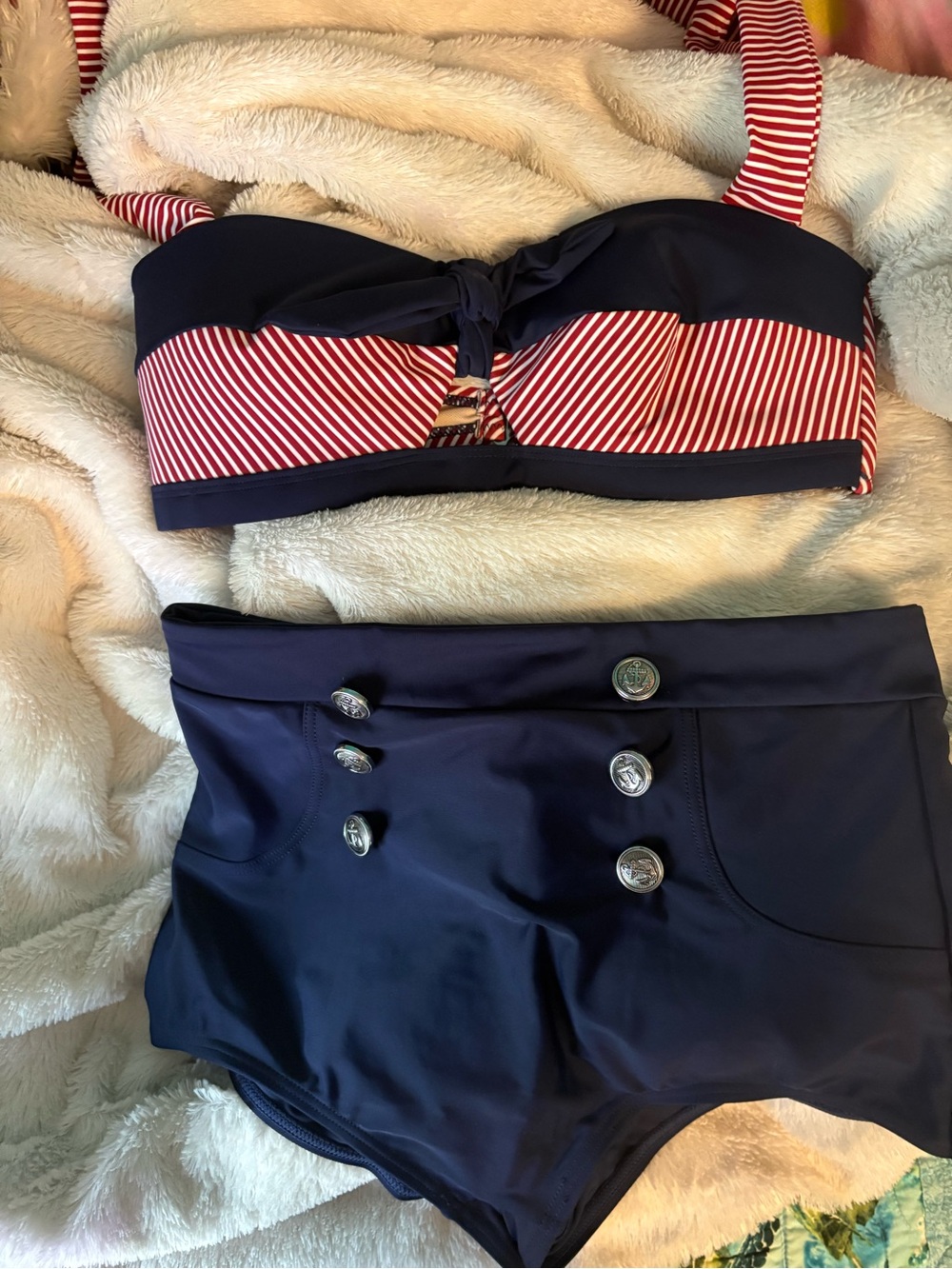 Navy & Red Striped High-Waist Nautical Bikini Set